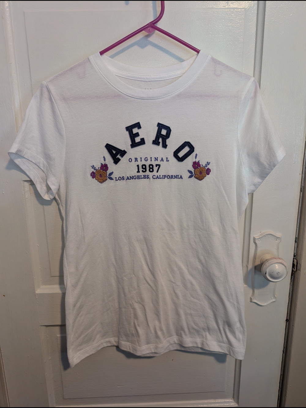 Preppy White Tee Floral Embroidery & Aero Logo Casual Shirt
